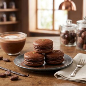 Three chocolate macarons on a dark plate with a cup of coffee in the background