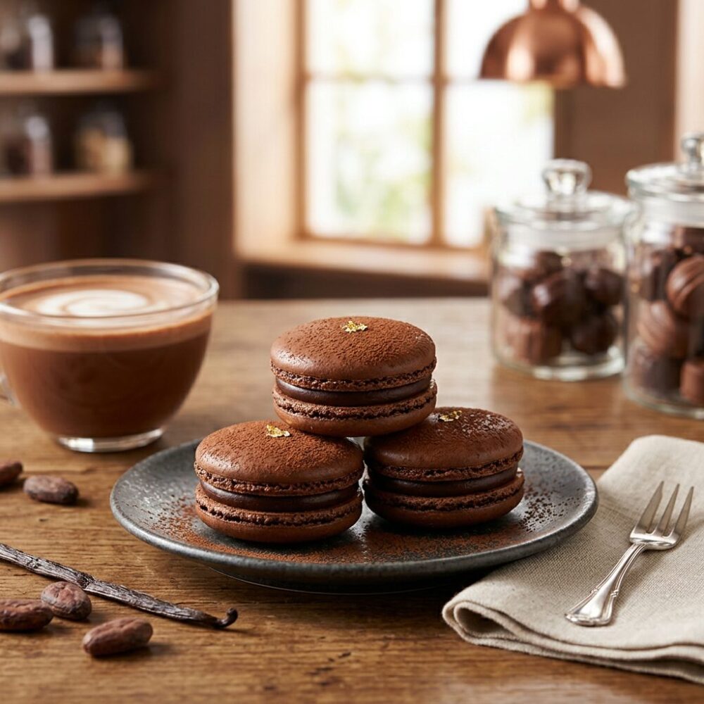 Three chocolate macarons on a dark plate with a cup of coffee in the background
